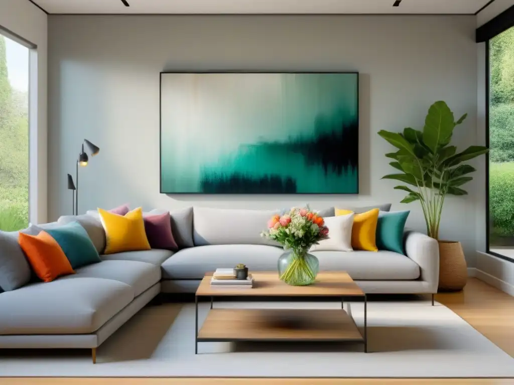 Salón moderno y acogedor con sofá gris, cuadros y jardín Un salón moderno y acogedor, con un sofá gris cómodo, almohadas coloridas, mesa de café elegante, y una pintura abstracta contemporánea en la pared