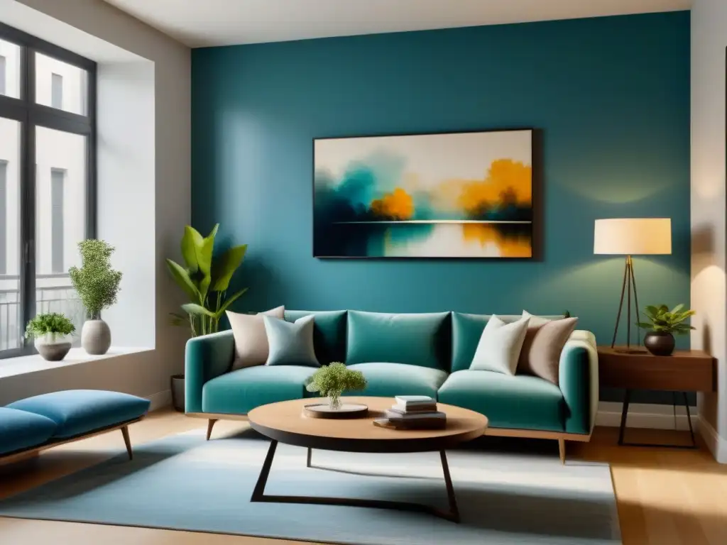 Salón moderno y minimalista: lujo y sofisticación en tonos neutros Salón moderno de apartamento en alquiler con diseño minimalista y luz natural