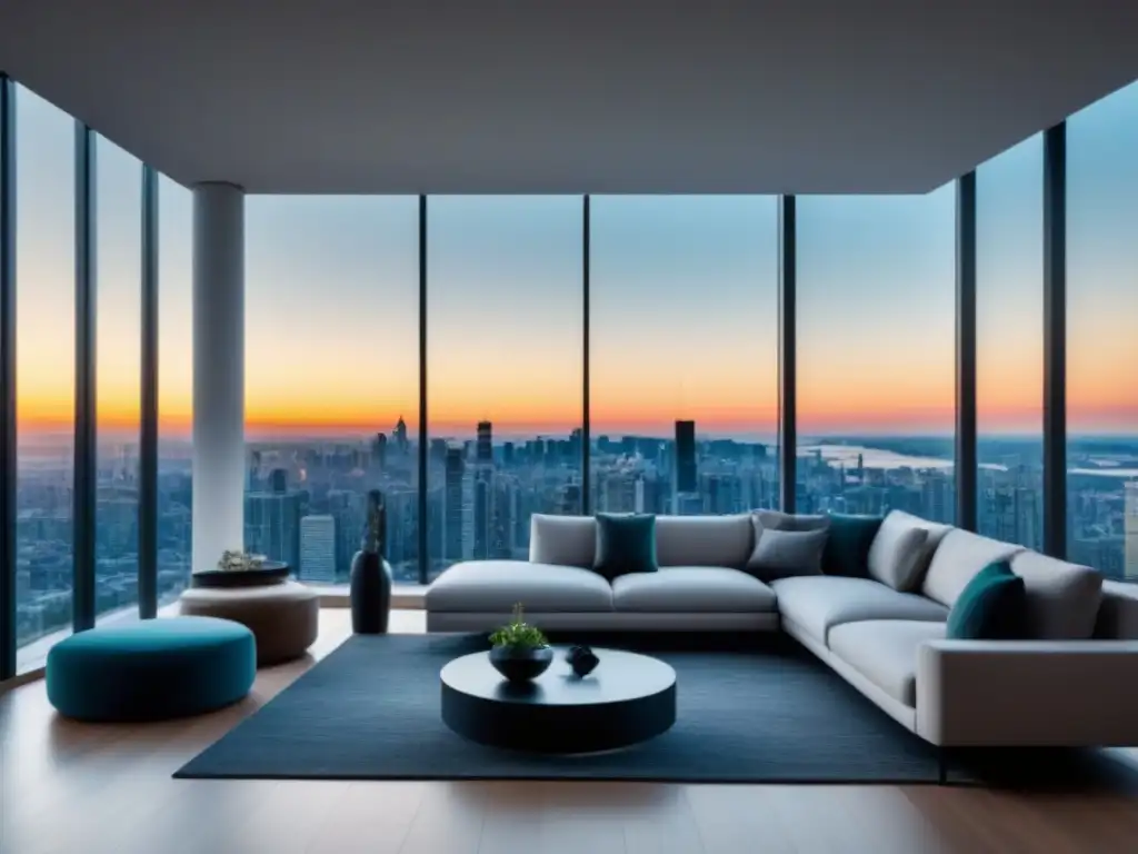 Salón moderno de lujo con vistas panorámicas en apartamento de alta gama Salón moderno en apartamento de lujo con vistas panorámicas a la ciudad