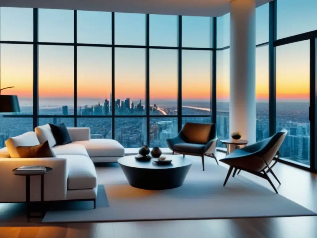 Sala de lujo en edificio alto: diseño moderno con vista panorámica Salón moderno en apartamento de lujo con vista panorámica, muebles de diseño y toques de naturaleza