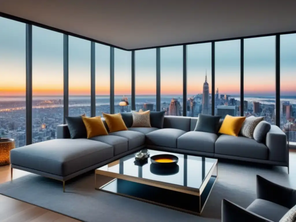Salón moderno en un apartamento de lujo con vista panorámica a la ciudad