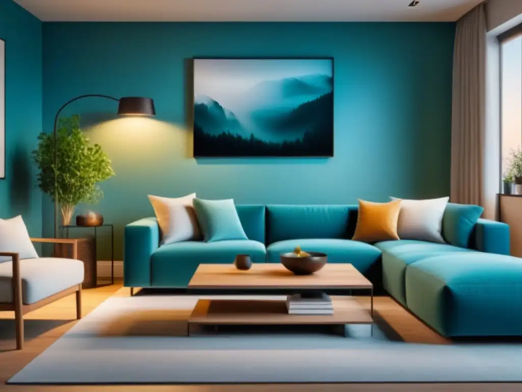 Salón moderno: armonía de colores, texturas y luz Un salón moderno con una armonía perfecta de colores, texturas y luz, ilustrando la Psicología decoración hogar