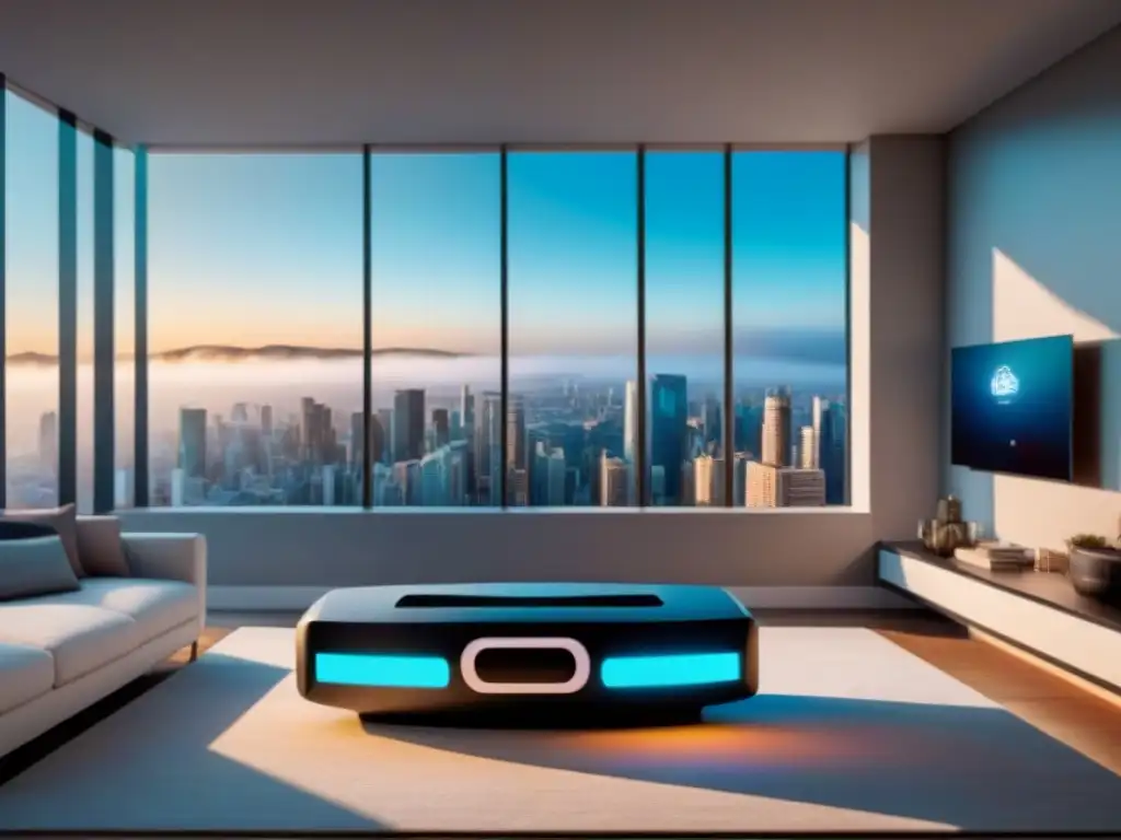 Salón futurista con realidad virtual y diseño personalizado Salón moderno con auriculares de Realidad Virtual en mesa elegante y vista de ciudad digital
