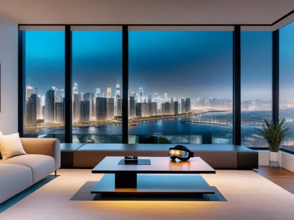 Realidad virtual: lujo y tecnología inmobiliaria Salón moderno con auriculares de Realidad Virtual en mesa elegante, mostrando tour virtual de propiedad lujosa