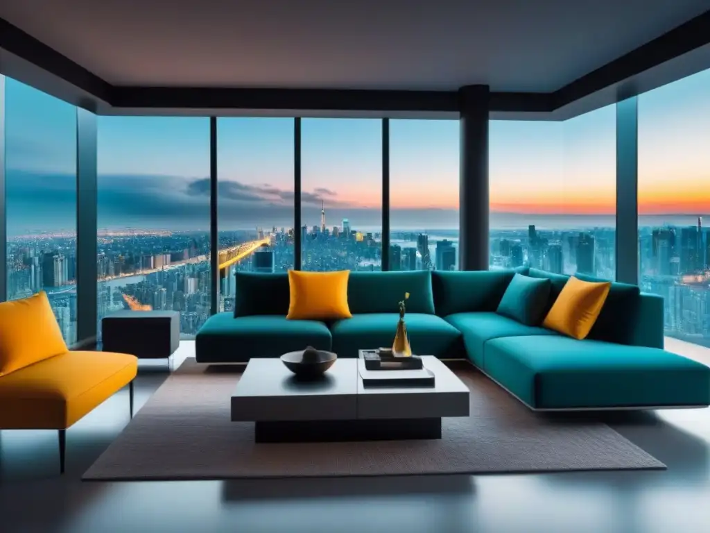 Sofá transformable en mesa: diseño futurista en sala moderna Un salón moderno en una casa futurista con muebles multifuncionales y diseño interior futuro