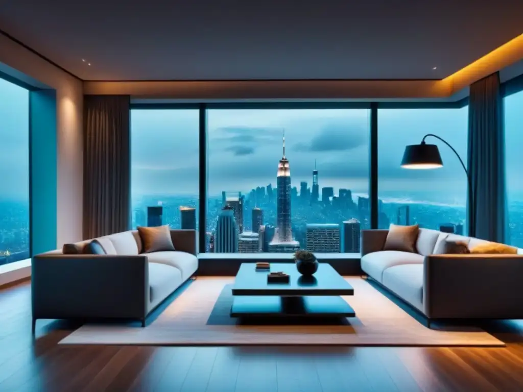 Sala inteligente: tecnología y diseño en armonía urbana Salón moderno en casa inteligente con domótica en préstamos inmobiliarios