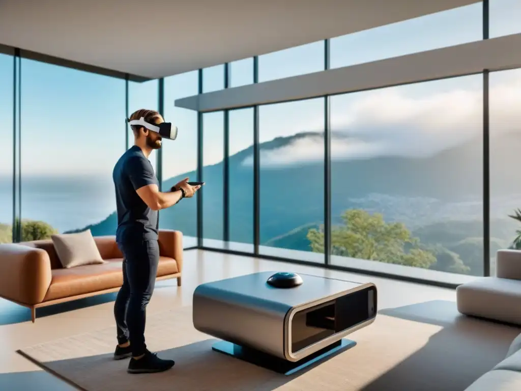 Casa del futuro: Realidad virtual en sala moderna Un salón moderno con un casco de realidad virtual, reflejando cómo las visitas virtuales en ventas inmobiliarias revolucionan la industria