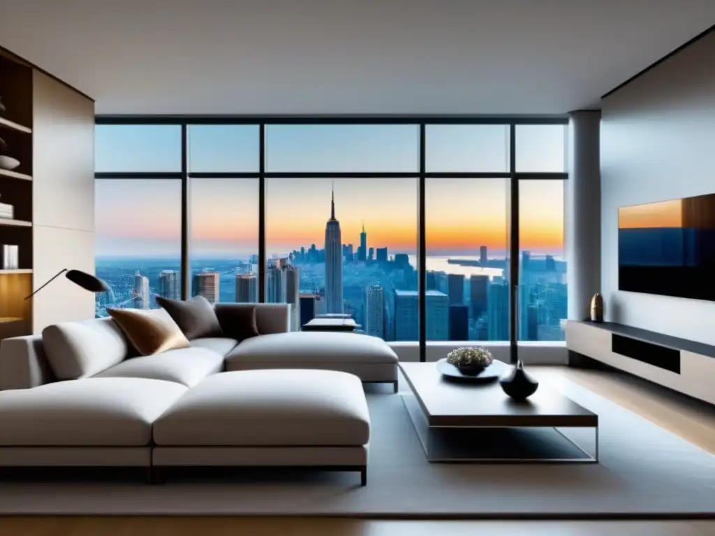 Salón de lujo en rascacielos con vistas a la ciudad Un salón moderno y elegante en un apartamento de lujo con vista a la ciudad, ideal para estrategias de video marketing inmobiliario