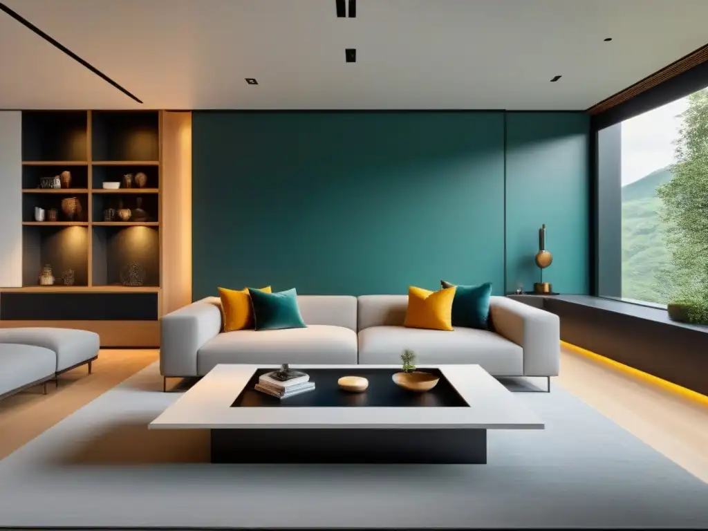 Sala de estar multifuncional: diseño moderno y minimalista Un salón moderno y elegante con muebles multifuncionales innovadores, bañado en luz natural