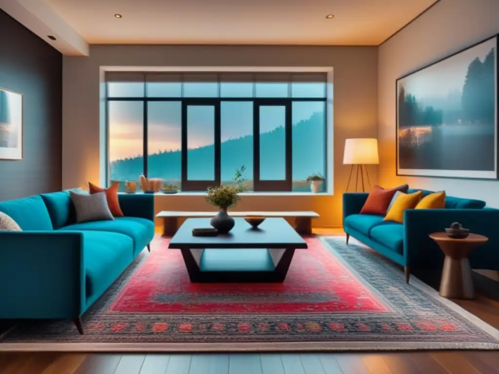 Sofisticado salón moderno con arte vibrante y luz cálida Un salón moderno y elegante con muebles minimalistas, iluminación cálida y arte vibrante en las paredes