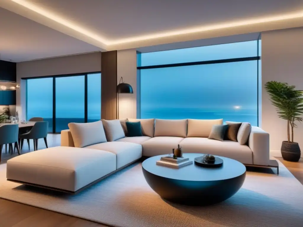 Salón moderno con muebles multifuncionales y diseño futurista Un salón moderno y espacioso con muebles versátiles, diseño futurista y ambientación acogedora
