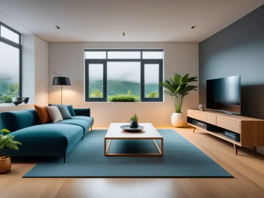 Salón moderno y espacioso con luz natural y toque de naturaleza Un salón moderno y espacioso con muebles flexibles, decoración elegante y toques de naturaleza, reflejando las tendencias de vivienda post-pandemia