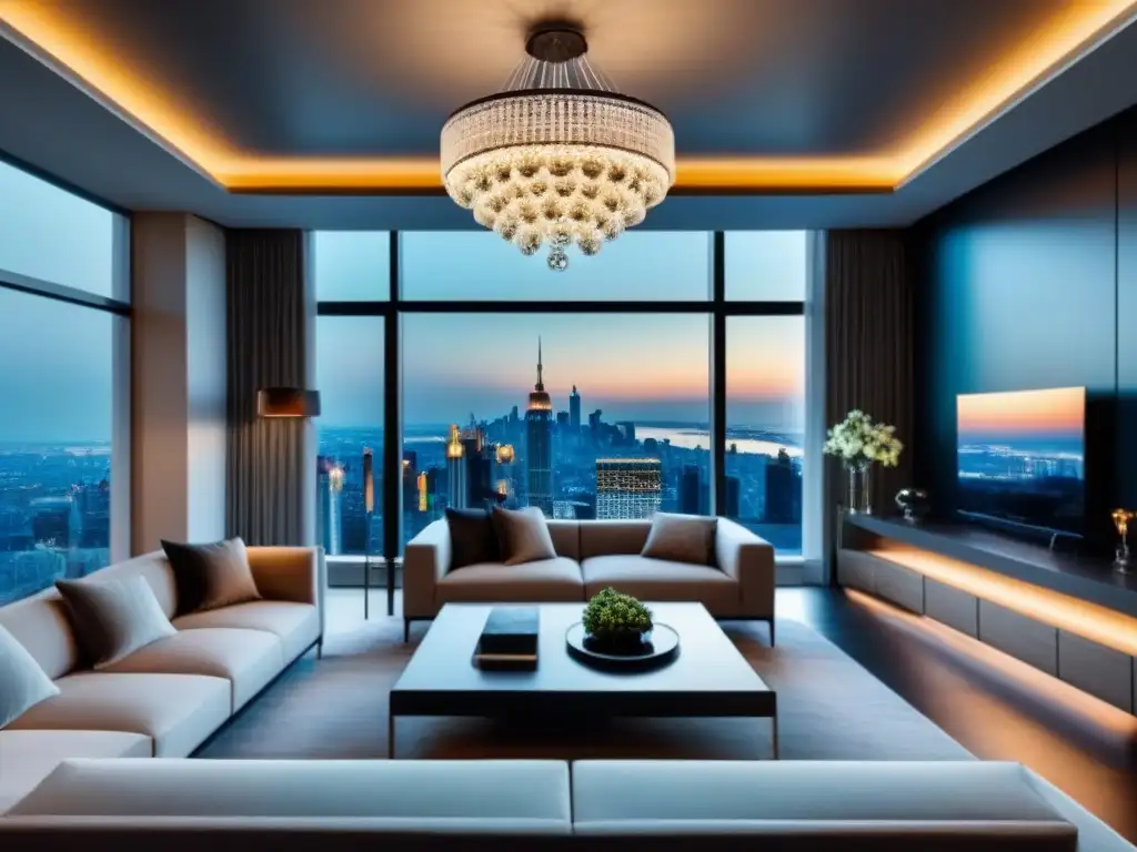 Salón moderno de lujo en un apartamento de gran altura con vistas a la ciudad