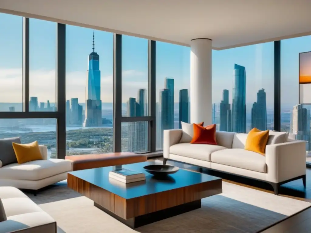 Sala de estar de lujo con vista a la ciudad en apartamento de altura Salón moderno de lujo en apartamento de altura con vista a la ciudad
