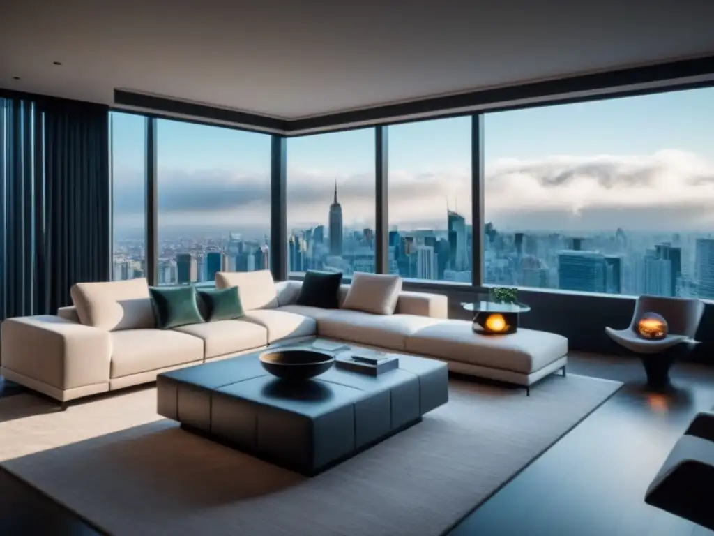 Salón de lujo en apartamento de altura con vista panorámica a la ciudad Salón moderno de lujo en un apartamento de altura con vista panorámica a la ciudad, ideal para seguros para financiamiento inmobiliario