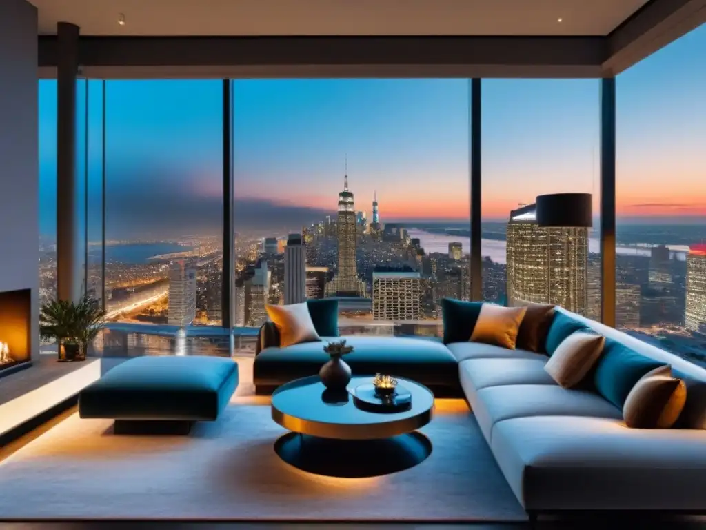 Salón de lujo con vistas panorámicas nocturnas en apartamento de lujo Salón moderno de lujo en un apartamento de altura con vista nocturna a la ciudad