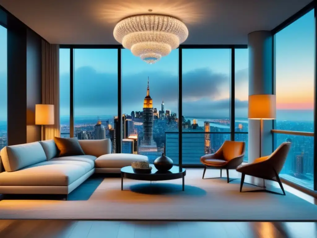 Salón moderno de lujo en rascacielos con vistas a la ciudad Salón moderno de lujo en apartamento de altura con vistas a la ciudad y decoración elegante