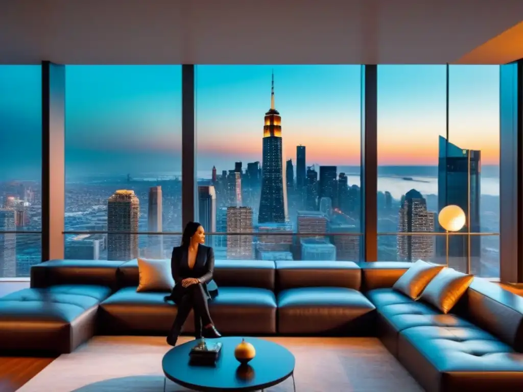 Salón moderno de lujo en un apartamento con vista panorámica a la ciudad al atardecer