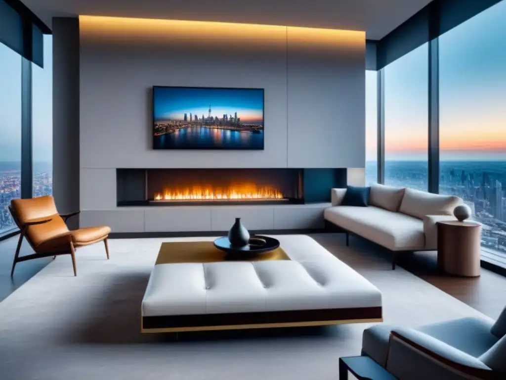 Salón lujoso con vistas a la ciudad para inversiones a largo plazo Salón moderno de lujo en un apartamento con vista a la ciudad, ideal para Consejos para invertir en inmuebles