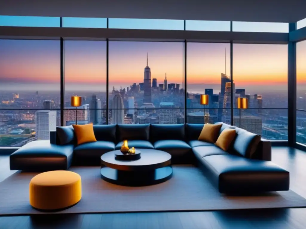 Suntuoso salón de lujo en penthouse con vista urbana al atardecer Salón moderno de lujo en ático con vistas panorámicas al atardecer, estrategias precios mercado lujo