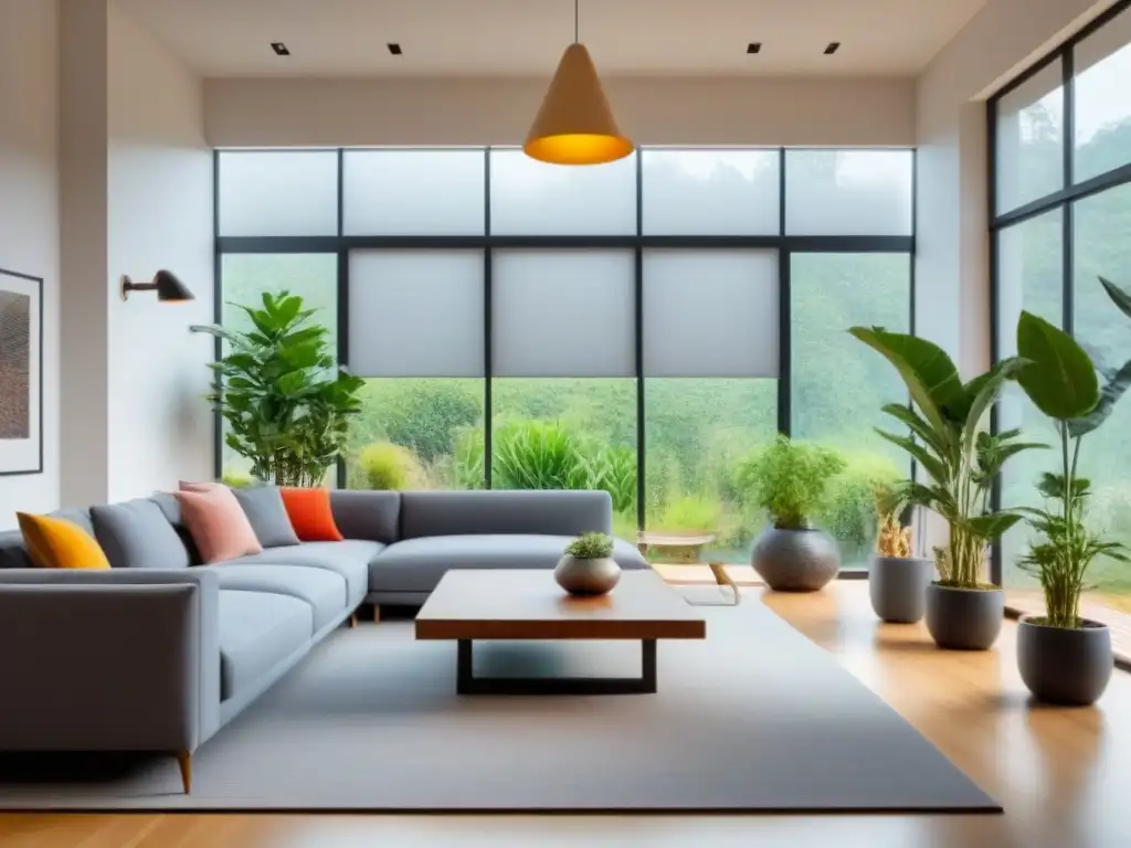Salón ecológico de lujo: estilo y sostenibilidad en armonía Salón moderno de lujo en casa ecológica con muebles reciclados y decoración ética