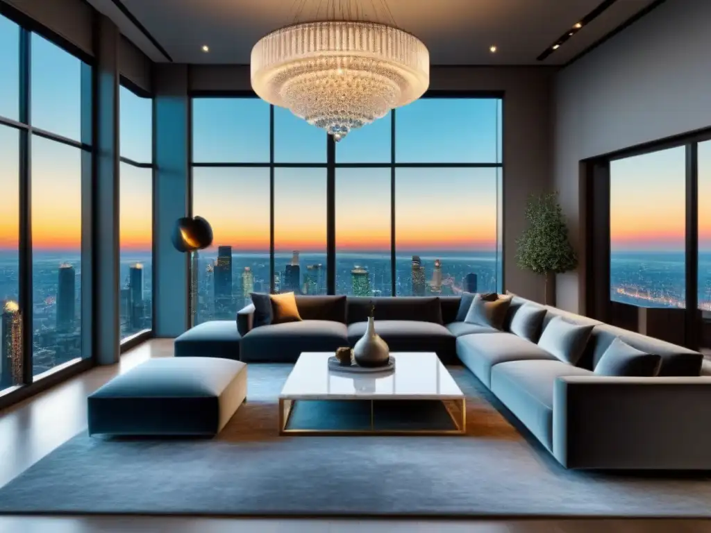 Salón moderno de lujo con chimenea de mármol blanco, sofás de terciopelo gris y vista panorámica urbana al atardecer