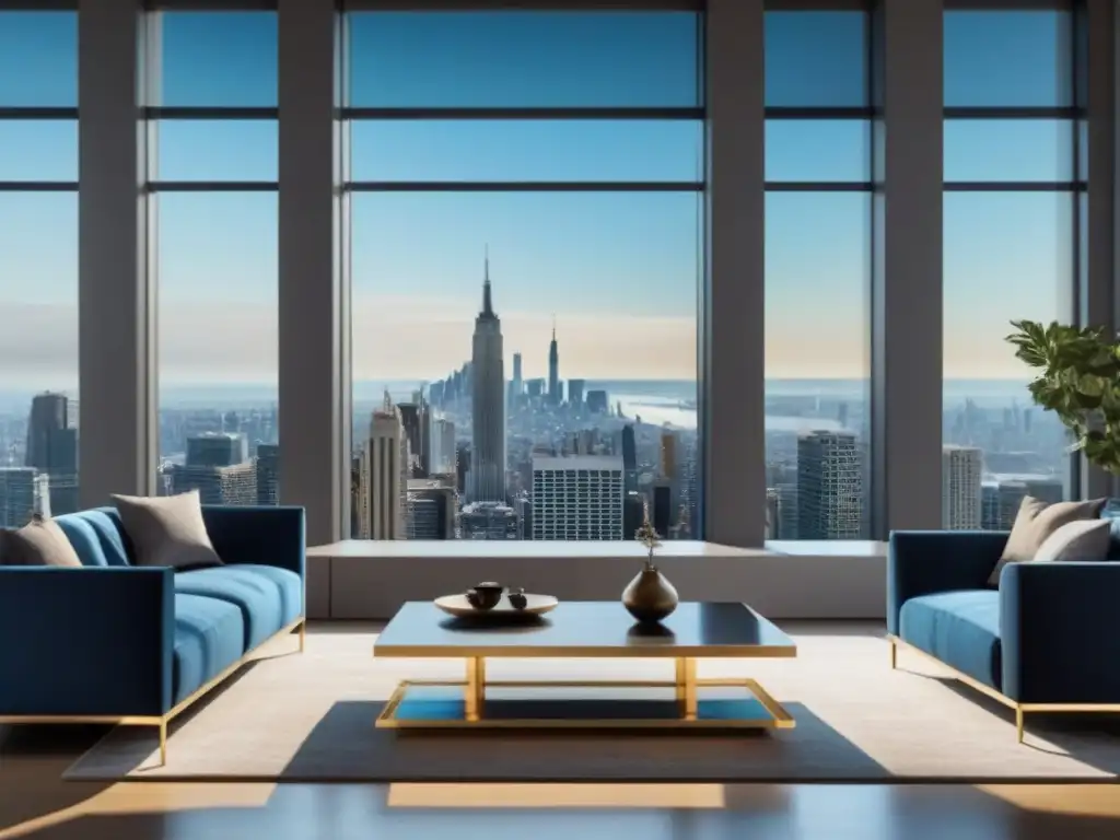 Sofisticada sala de estar moderna con diseño elegante y vistas urbanas Salón moderno de lujo con diseño elegante, sofá de cuero, mesa de centro contemporánea y vistas a la ciudad