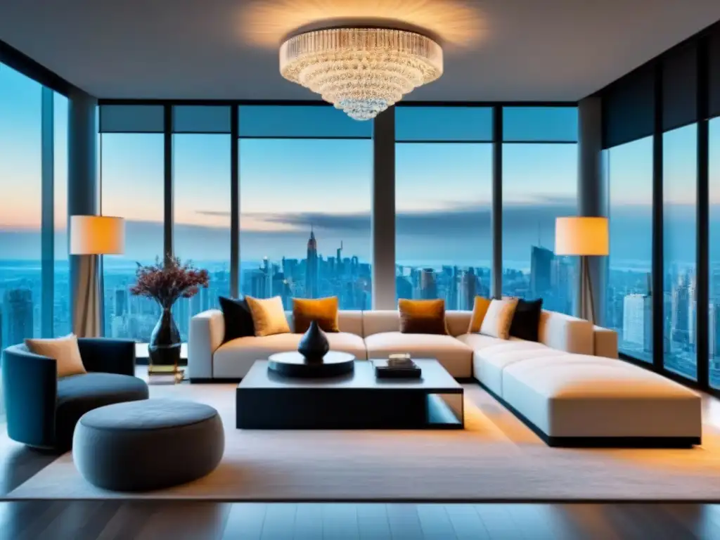 Suntuoso salón moderno de lujo con vistas panorámicas Un salón moderno de lujo con elegante mobiliario contemporáneo y vistas panorámicas a la ciudad