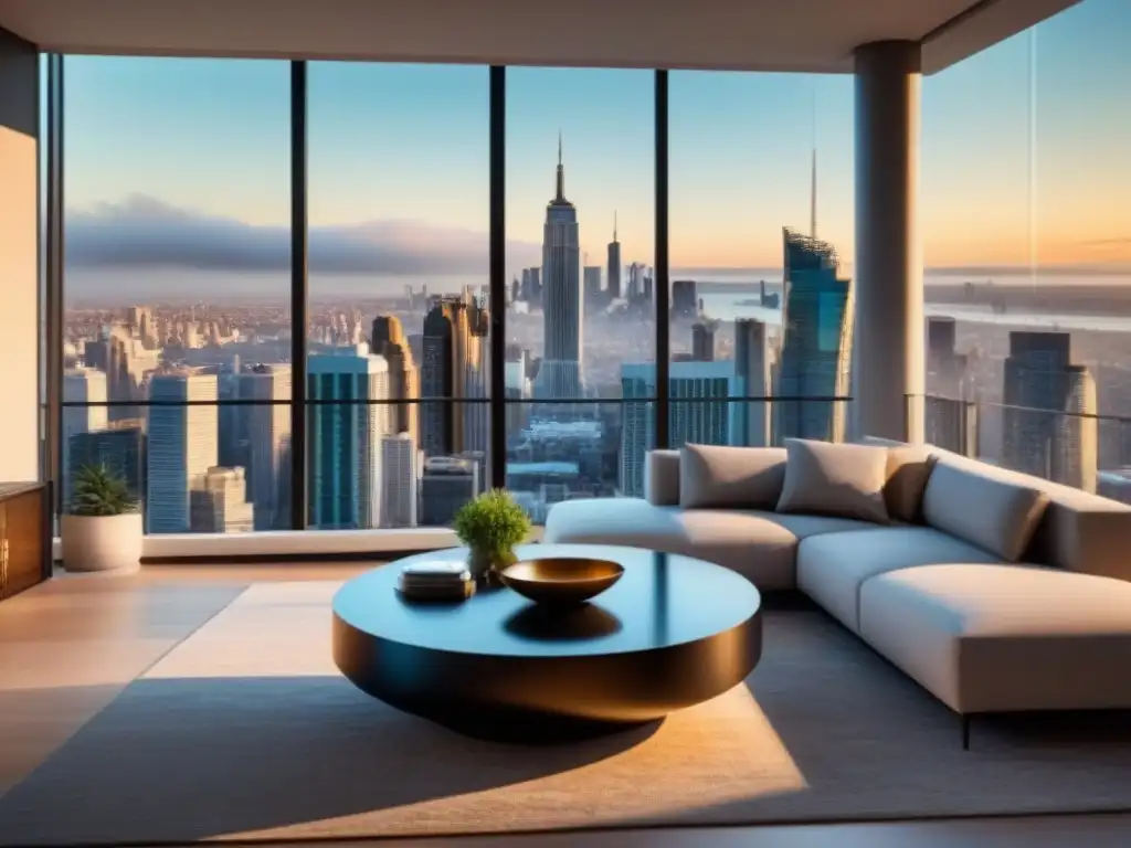 Salón de lujo con vista a la ciudad: estilo de vida exclusivo con muebles elegantes y financiamiento Jumbo Salón moderno de lujo con elegante mobiliario, chimenea y vistas a la ciudad