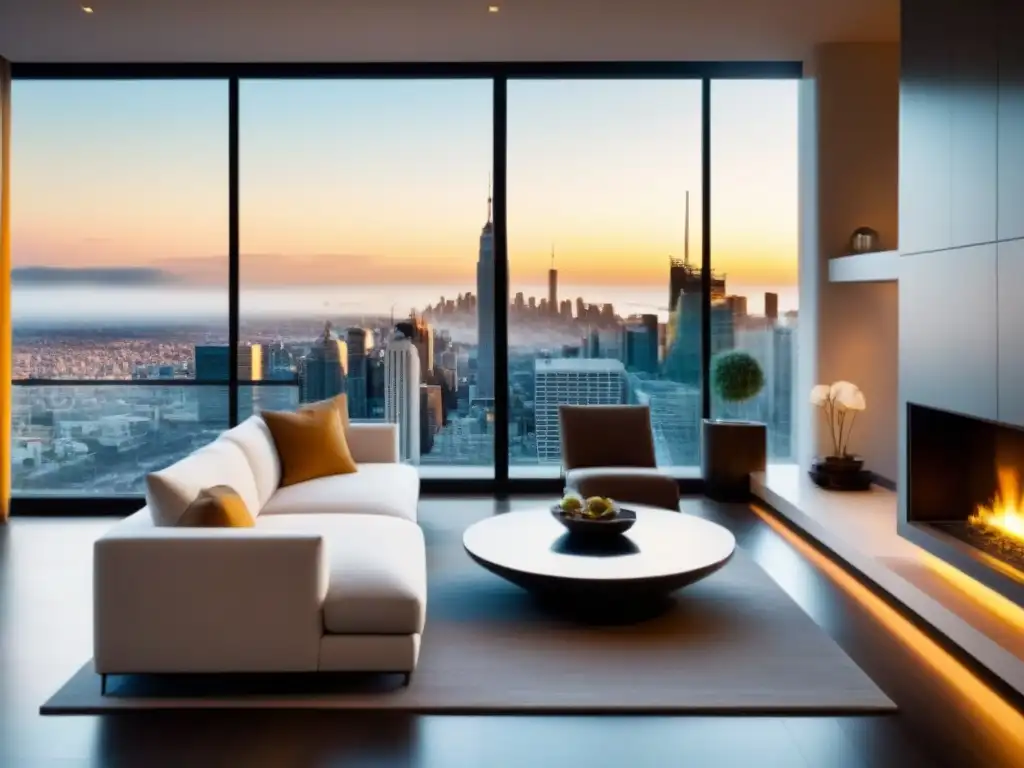 Salón de lujo con vistas urbanas: elegancia y confort Salón moderno de lujo con elegante mobiliario, amplias ventanas con vista a la ciudad y una chimenea