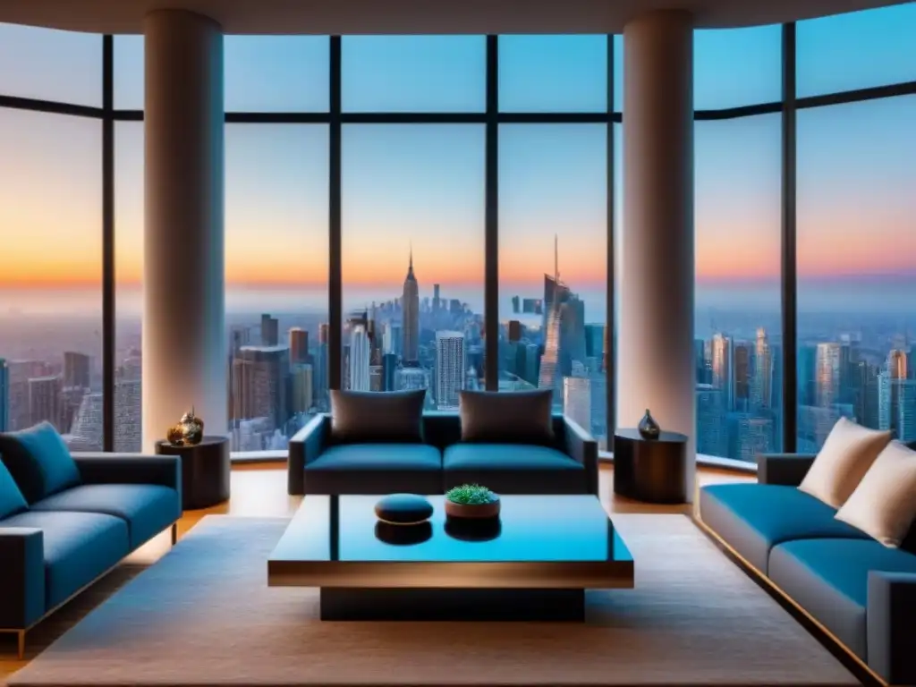 Salón de lujo con realidad virtual y vistas urbanas Salón moderno de lujo con gafas de realidad virtual, vista urbana y mobiliario elegante, fusionando marketing inmobiliario con Realidad Virtual