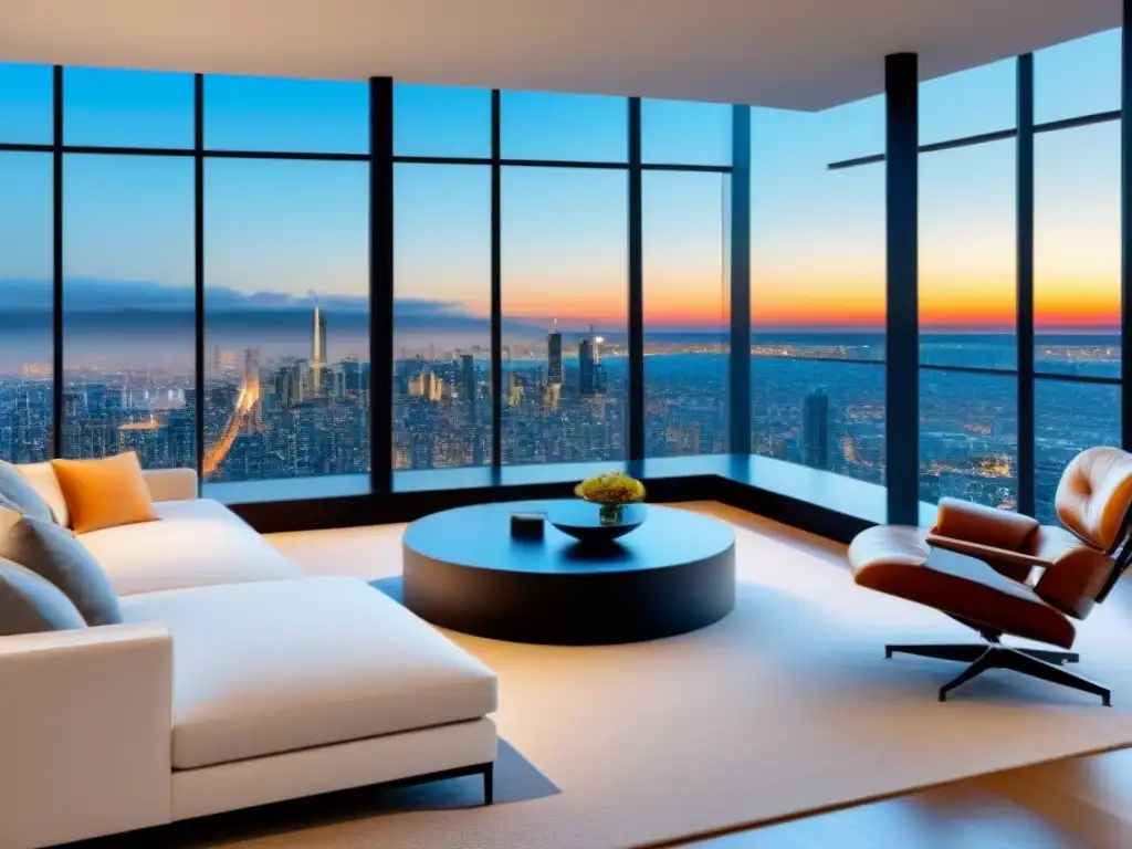 Salón de lujo con vista urbana: sofisticación y elegancia Salón moderno de lujo con mobiliario elegante y vista urbana, ideal para tasación inmobiliaria de alto nivel