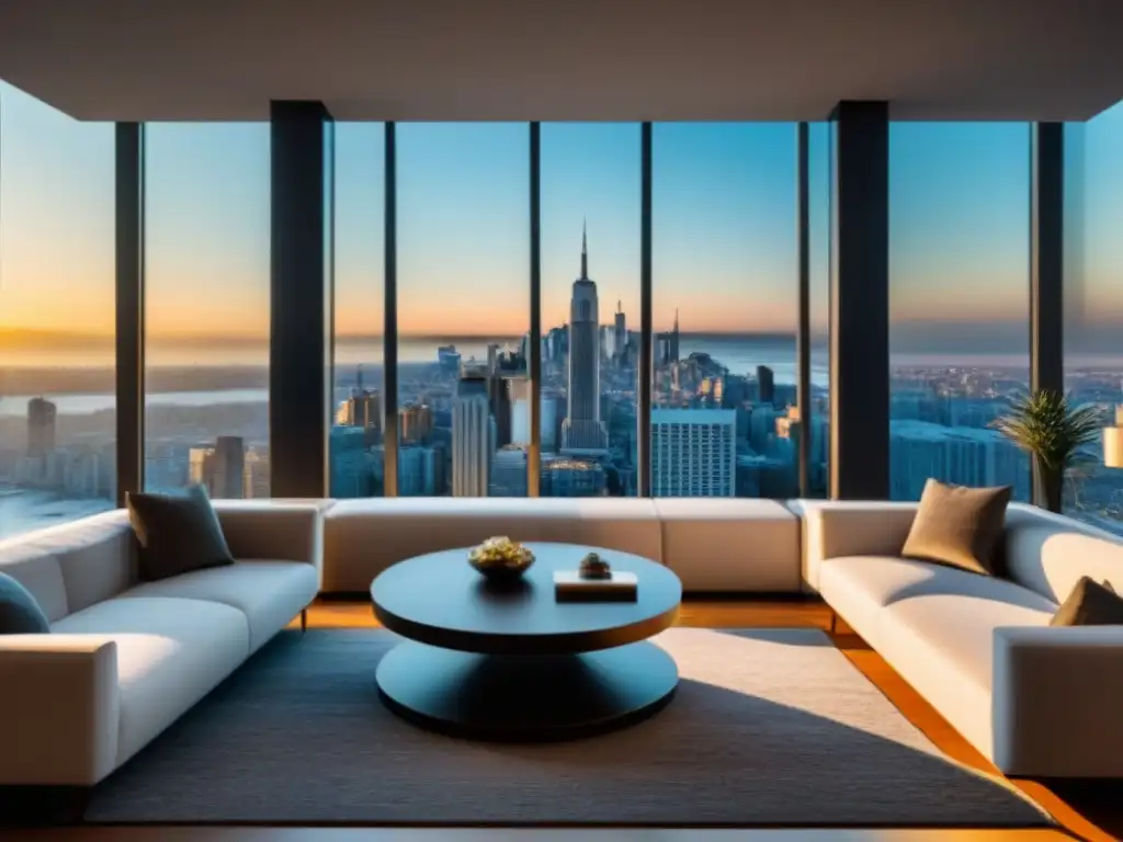 Salón de lujo con vista a la ciudad: inversión inmobiliaria Salón moderno de lujo con mobiliario elegante y vistas a la ciudad, reflejando el éxito de las hipotecas privadas en inversiones inmobiliarias