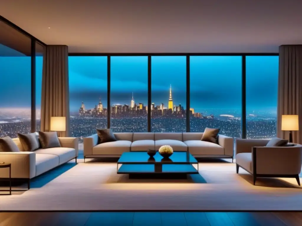 Sala de estar de lujo: transparencia y sofisticación en la ciudad de noche Salón moderno de lujo con mobiliario elegante y vista nocturna de la ciudad