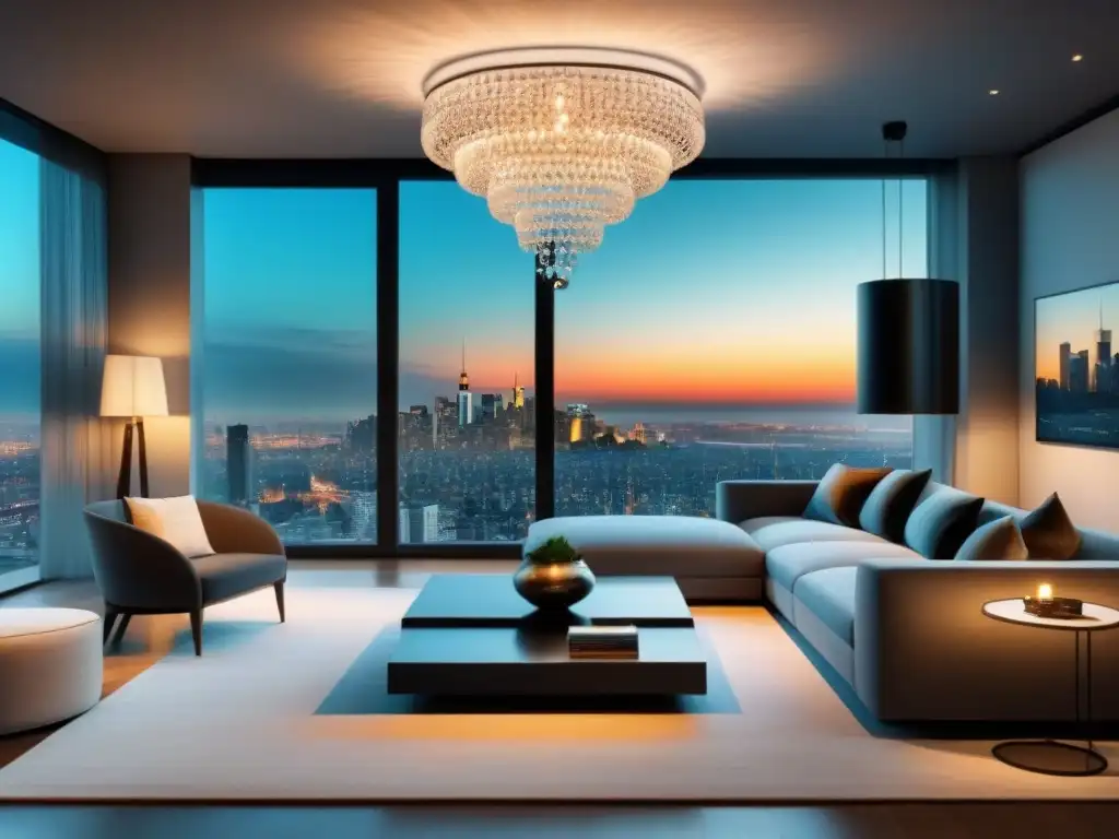 Salón de lujo con vista a la ciudad al atardecer Un salón moderno de lujo con muebles elegantes, decoración refinada y grandes ventanas con vista a la ciudad al atardecer