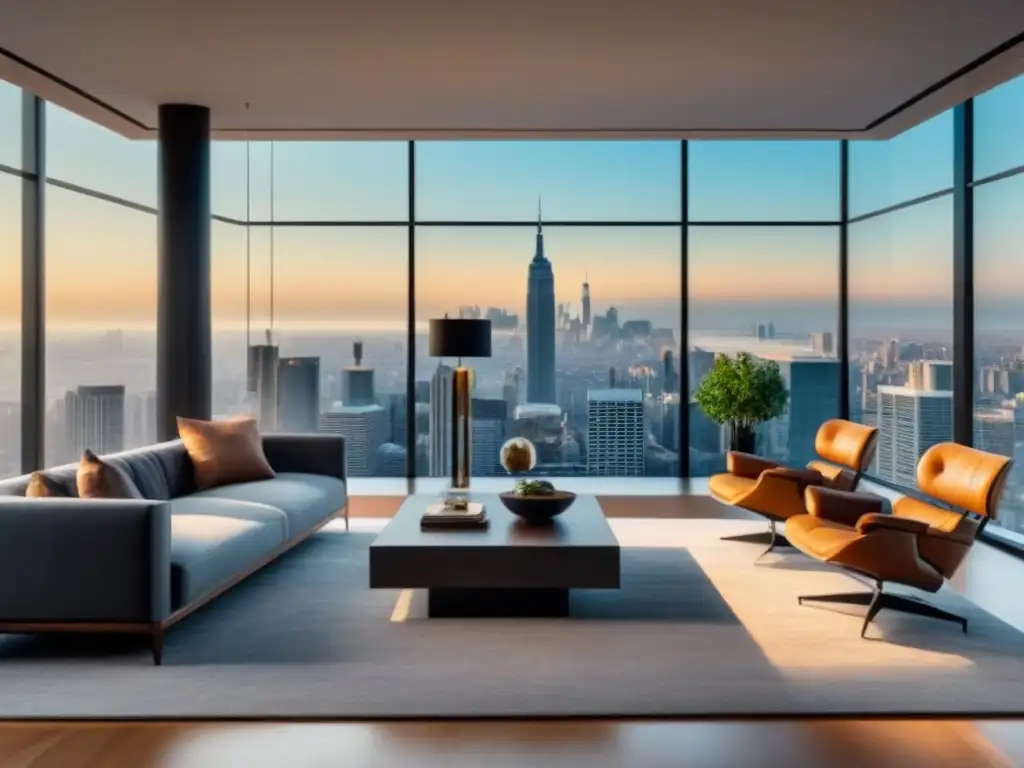 Salón de lujo con vista urbana y muebles modernos de alta gama Un salón moderno de lujo con muebles elegantes y vista panorámica de la ciudad