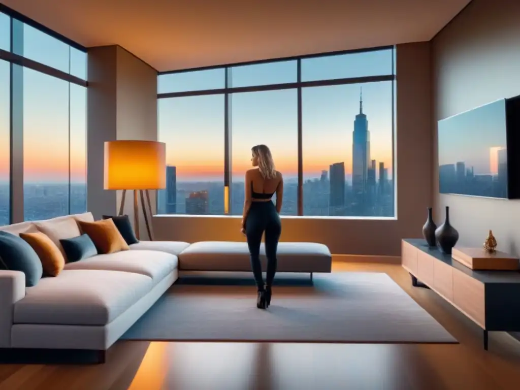 Salón de lujo en propiedad renovada con vistas a la ciudad al atardecer Salón moderno de lujo en propiedad renovada, con mobiliario elegante y vistas a la ciudad al atardecer