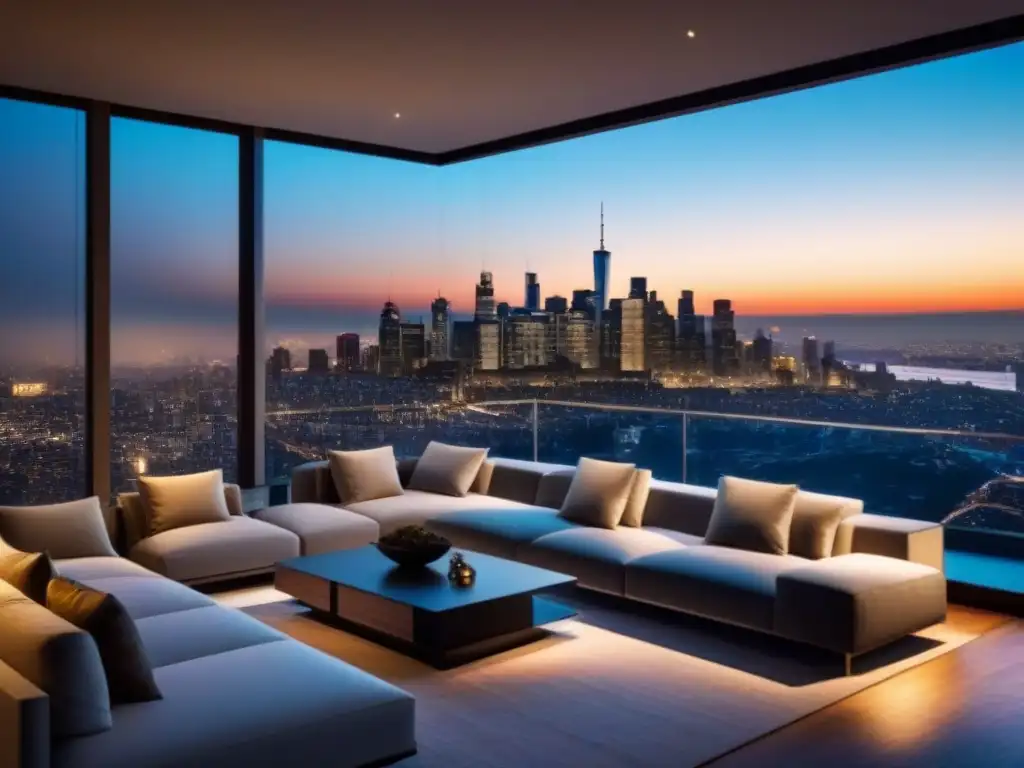 Sala de estar de lujo con vista nocturna de la ciudad Salón moderno de lujo en propiedad exclusiva con vista nocturna de ciudad
