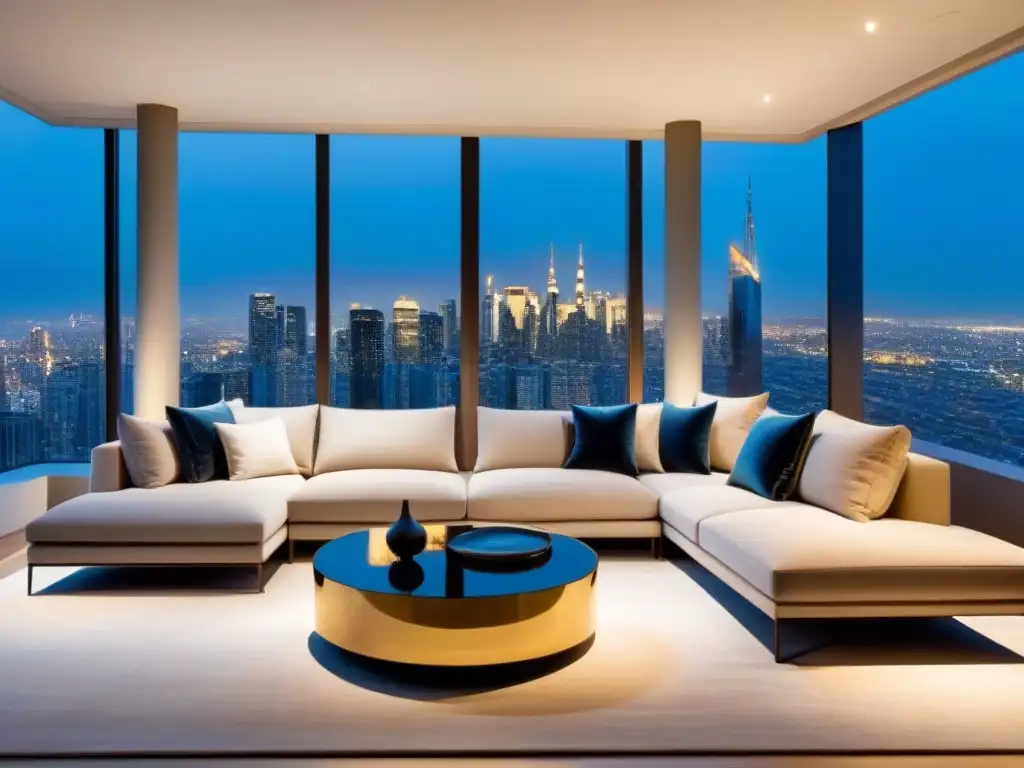 Sofisticado salón de lujo con vista urbana al atardecer Salón moderno de lujo en propiedad exclusiva con vista de ciudad al atardecer