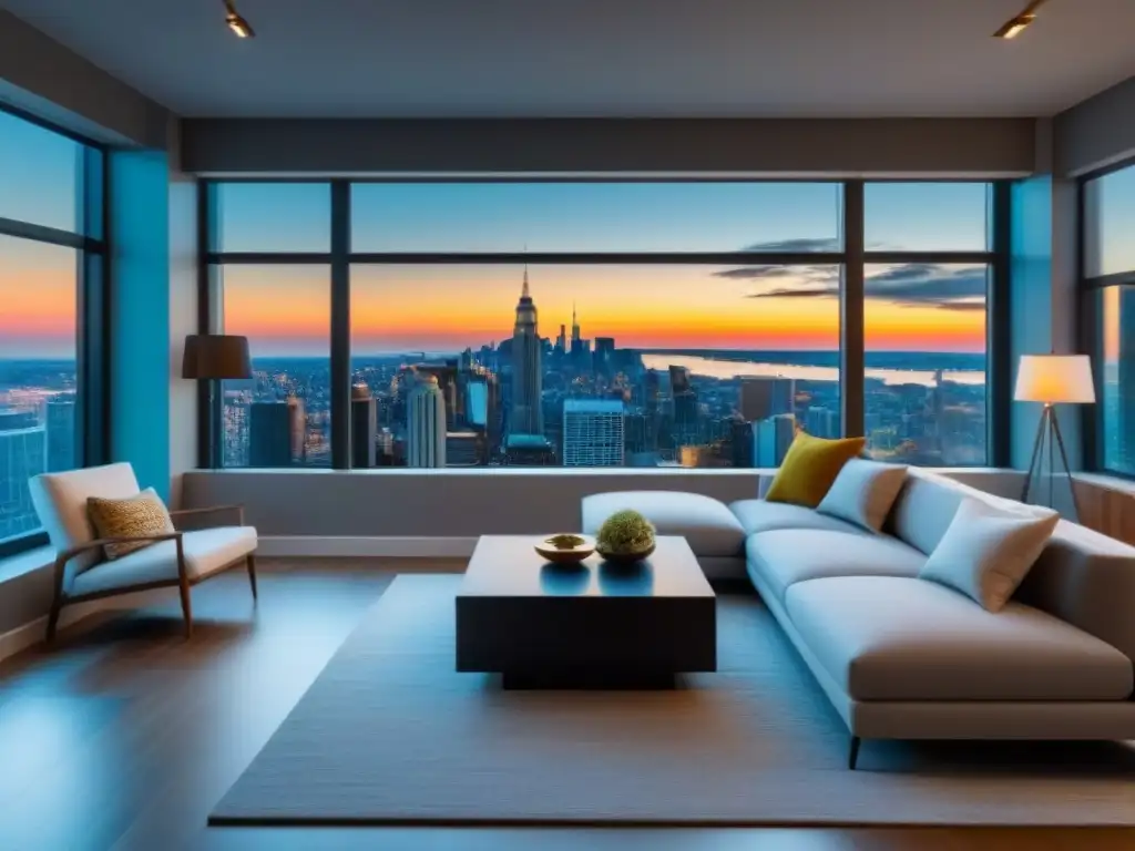 Salón de lujo en propiedad renovada: diseño contemporáneo con vista urbana Salón moderno de lujo en una propiedad renovada, con muebles contemporáneos y vista a la ciudad
