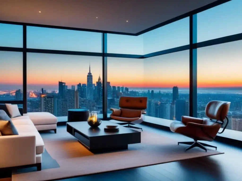 Salón moderno de lujo con vista panorámica de la ciudad Salón moderno de lujo en segunda propiedad con vista panorámica de la ciudad, muebles contemporáneos y decoración elegante