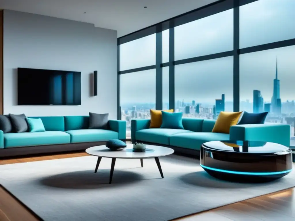 Salón de lujo con inteligencia artificial y vistas urbanas Salón moderno de lujo con toques de Inteligencia Artificial, vista urbana y colores inspirados en la tecnología