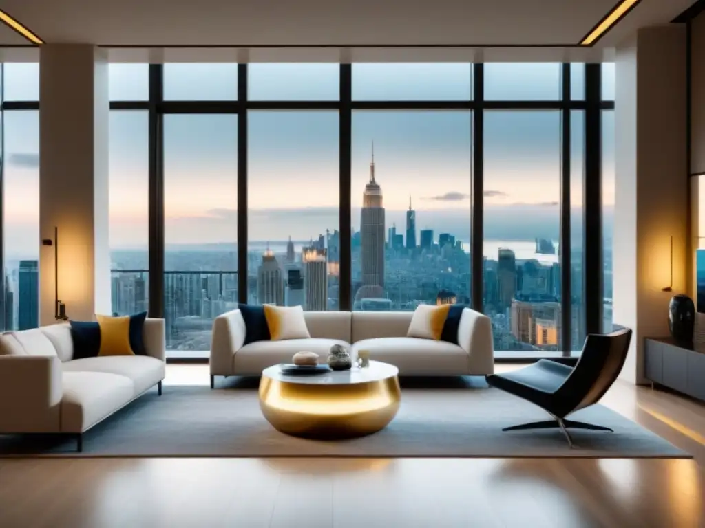Salón de lujo con vistas panorámicas a la ciudad Salón moderno de lujo con ventanales y vistas a la ciudad