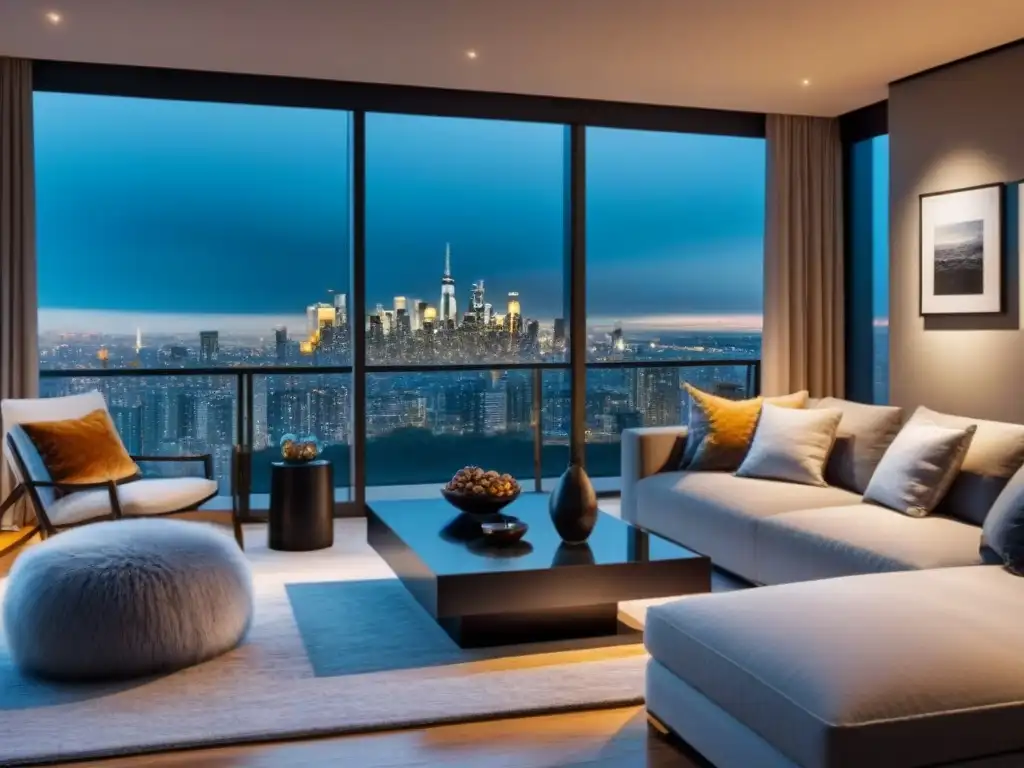 Sala de estar moderna de lujo con vista nocturna de la ciudad Salón moderno de lujo con ventanales de piso a techo y vistas impresionantes de la ciudad de noche