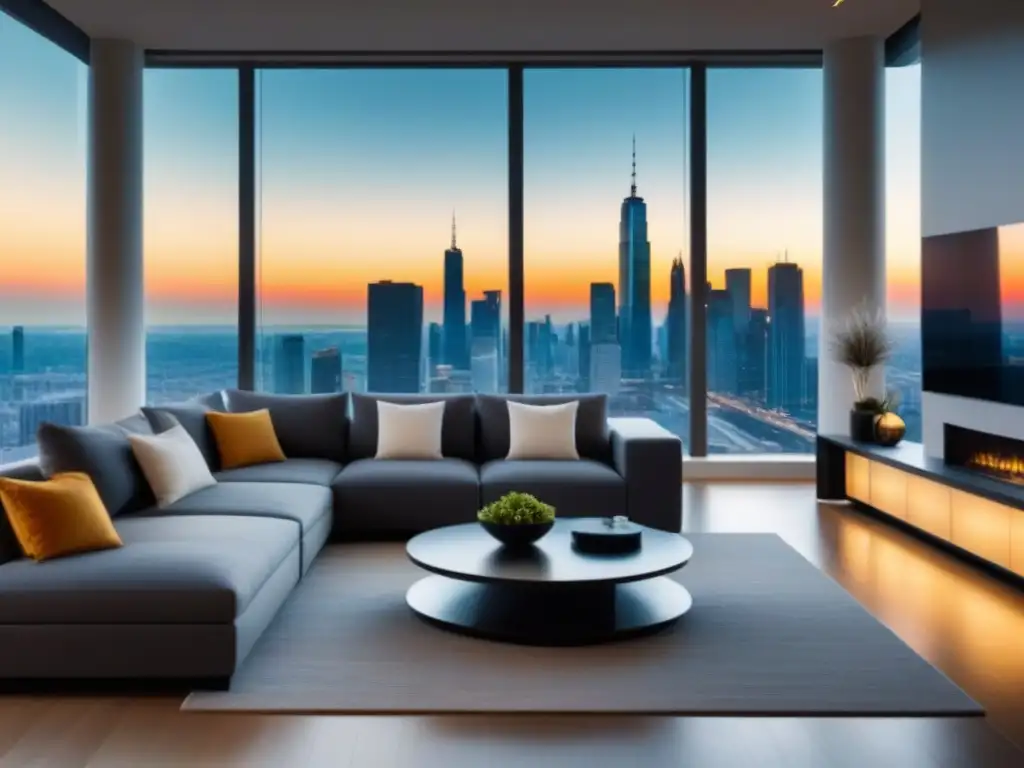 Salón moderno de lujo con vistas a la ciudad: decoración elegante y contemporánea Salón moderno de lujo con ventanales y vistas a la ciudad