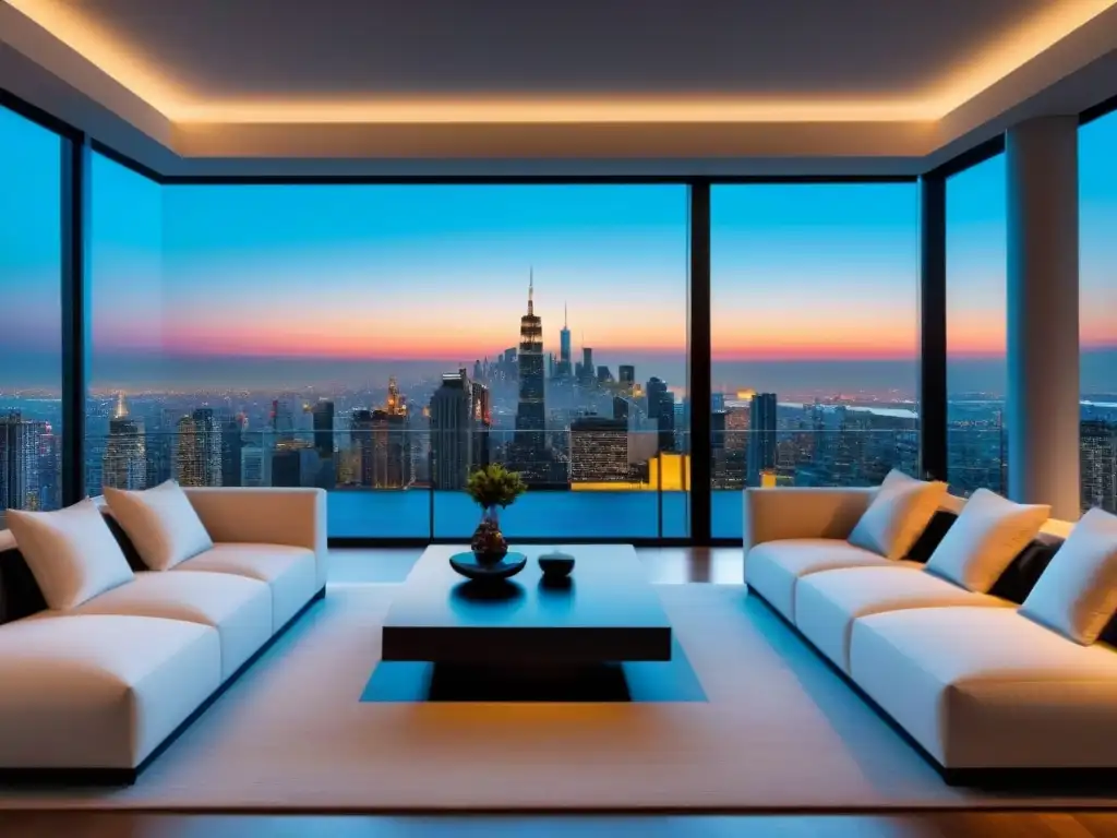 Salón moderno de lujo con vista a la ciudad al atardecer Salón moderno de lujo con ventanas de piso a techo y vista a la ciudad al atardecer, diseño elegante y acogedor