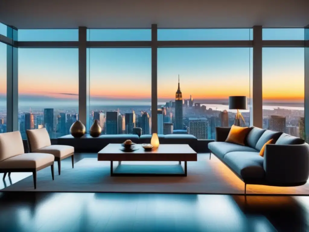 Sala de estar moderna de lujo con vista panorámica a la ciudad Salón moderno de lujo con vista urbana, muebles contemporáneos y transparencia en transacciones inmobiliarias inversión