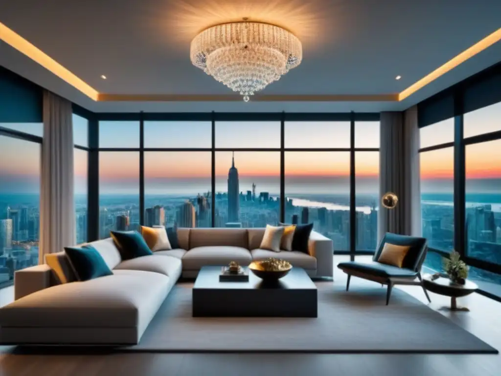 Sala de estar de lujo en propiedad exclusiva con vista a la ciudad Salón moderno de lujo con vista a la ciudad, muebles contemporáneos, decoración elegante y marca para propiedades de lujo