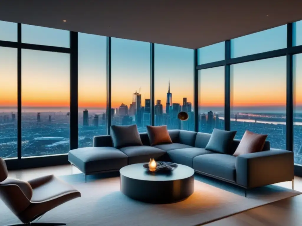 Sala de estar moderna de lujo con vista urbana impresionante Un salón moderno de lujo con vista impresionante de la ciudad, elegante y luminoso, ideal para estrategias de video marketing inmobiliario