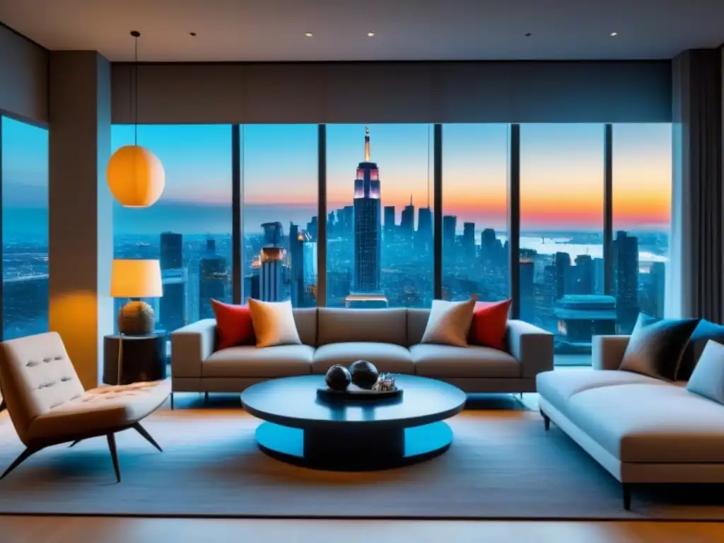 Salón moderno de lujo con vista panorámica a la ciudad Salón moderno de lujo con vista panorámica a la ciudad y mobiliario contemporáneo